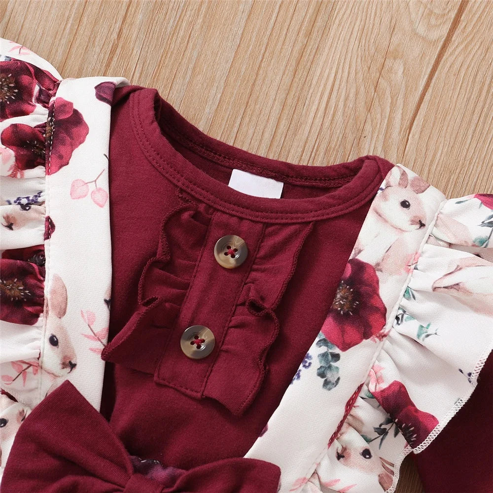 Baby Girl Clothes Set Red Color 2PCS featuring burgundy top with buttons and floral printed ruffle detail