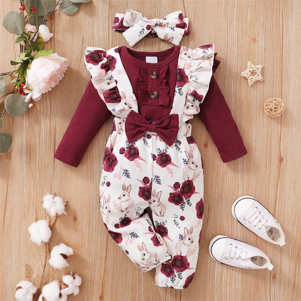 Baby Girl Clothes Set Red Color 2PCS featuring floral and bunny print romper with maroon long sleeve top and matching headband