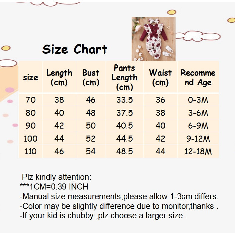 Size chart for Baby Girl Clothes Set Red Color 2PCS by Yamza Tots' Closet with measurements and recommended age
