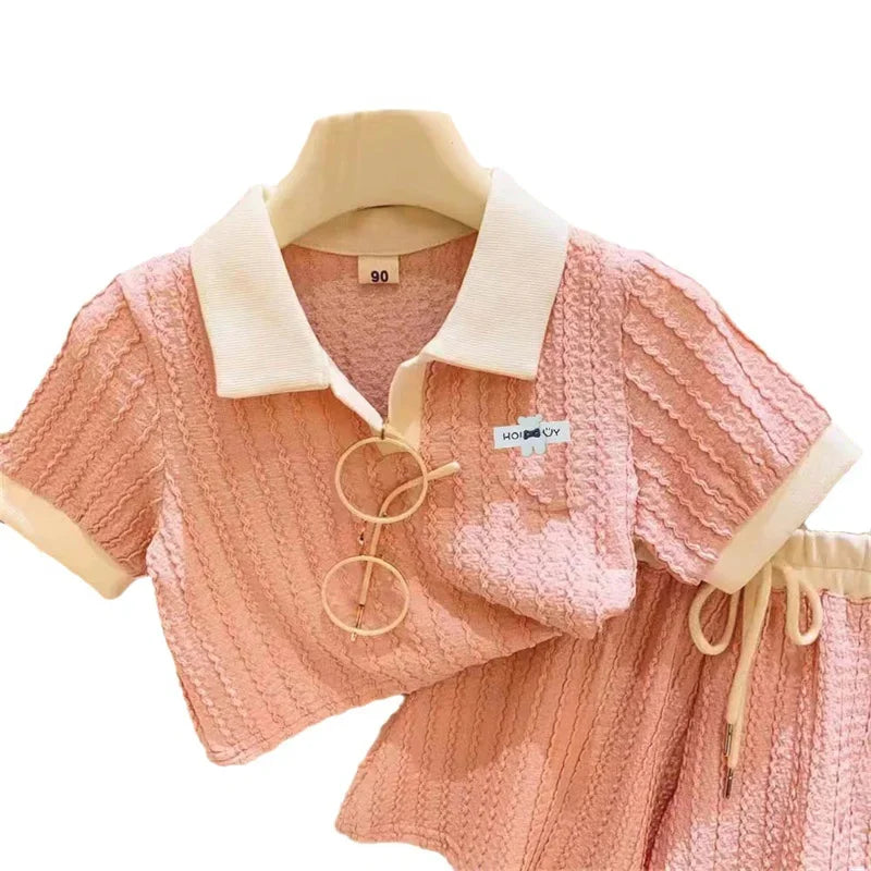 Baby Girl Cute Casual Top & Pants Set Summer Kids Comfort Outfit in soft pink with white collar and cuff details