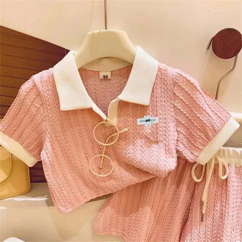 Baby Girl Cute Casual Top & Pants Set Summer Kids Comfort Outfit in soft pink with white collar and cuffs