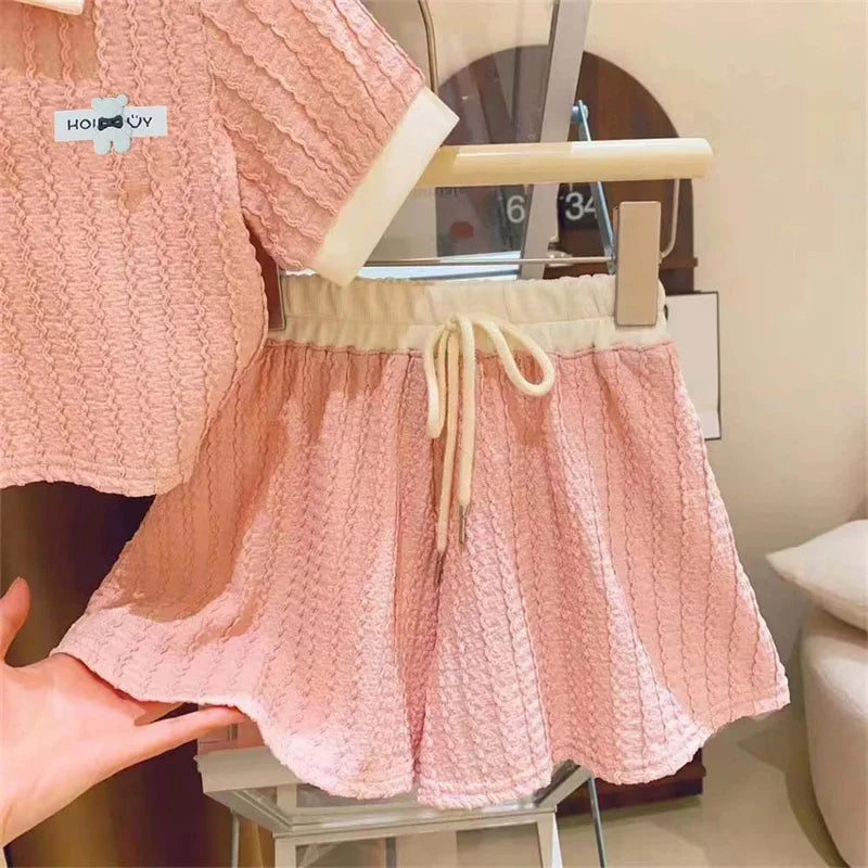 Baby Girl Cute Casual Top & Pants Set Summer Kids Comfort Outfit in soft pink knit fabric