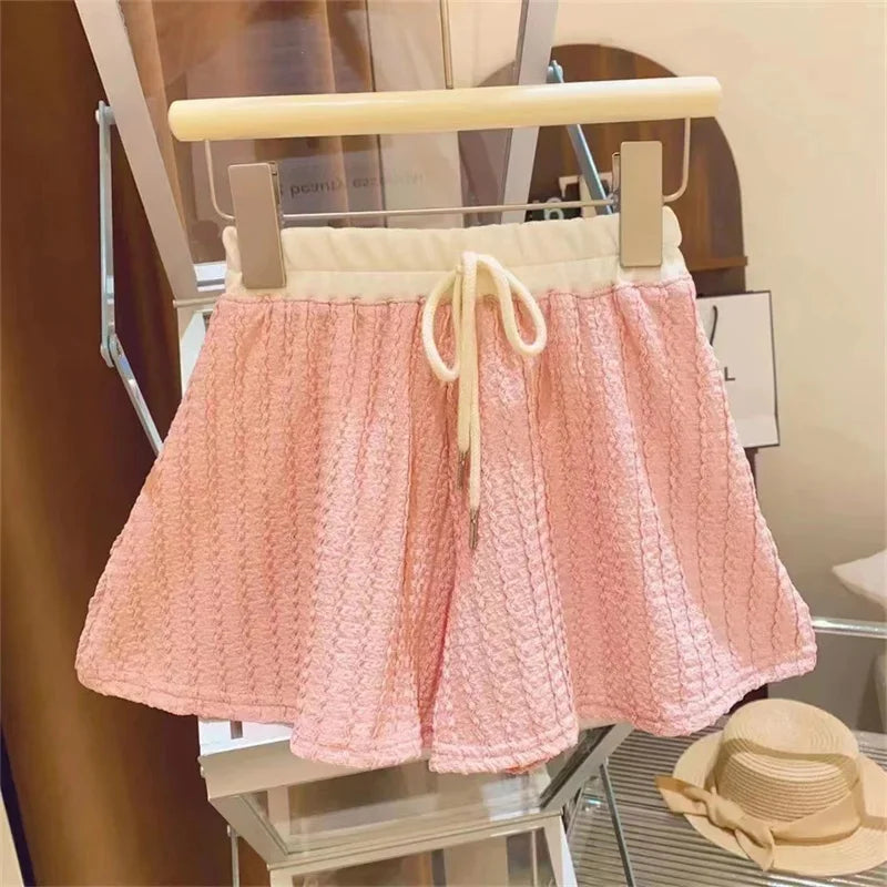 Baby Girl Cute Casual Top & Pants Set Summer Kids Comfort Outfit pink textured shorts with white drawstring