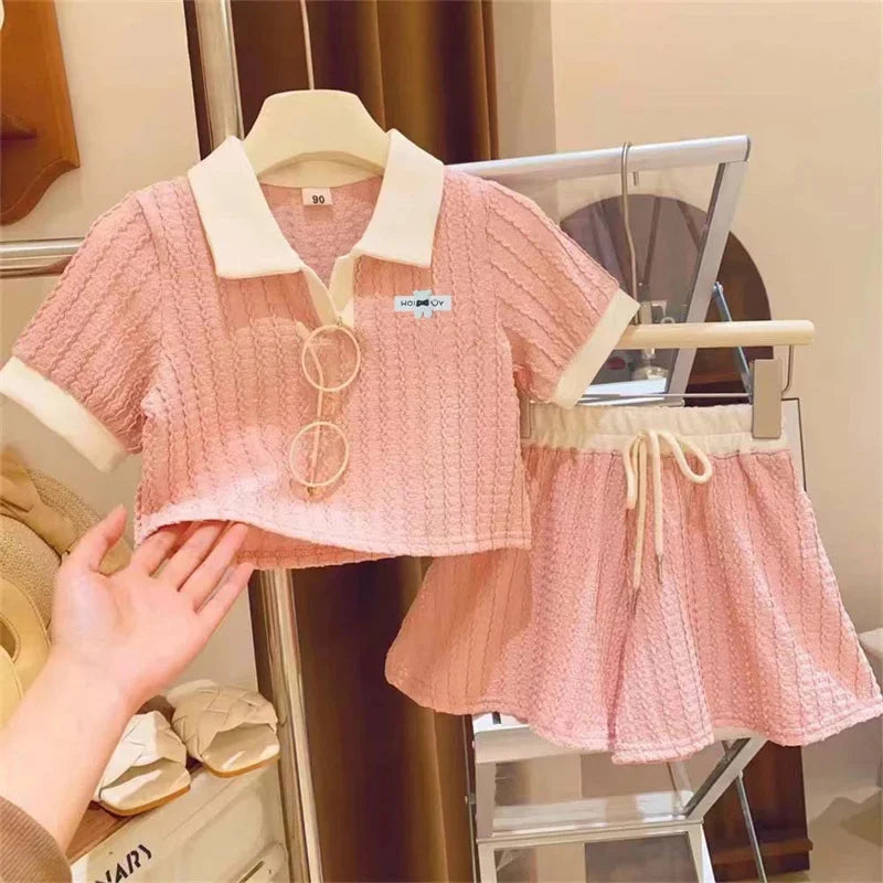 Baby Girl Cute Casual Top & Pants Set Summer Kids Comfort Outfit in soft pink with white collar and drawstring shorts