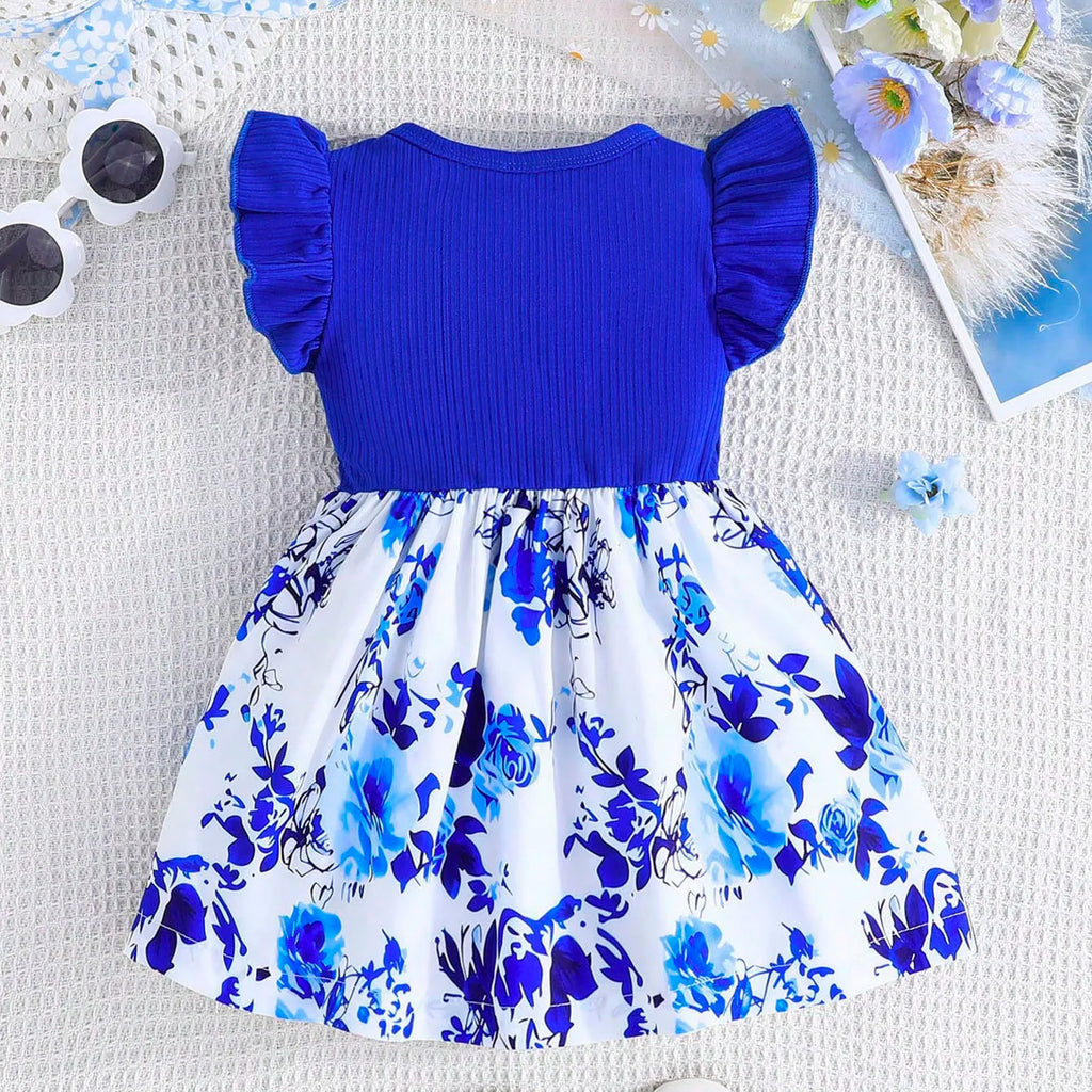 Baby Girl Dress Small Flying Sleeve with royal blue top and white floral skirt perfect for toddler girls