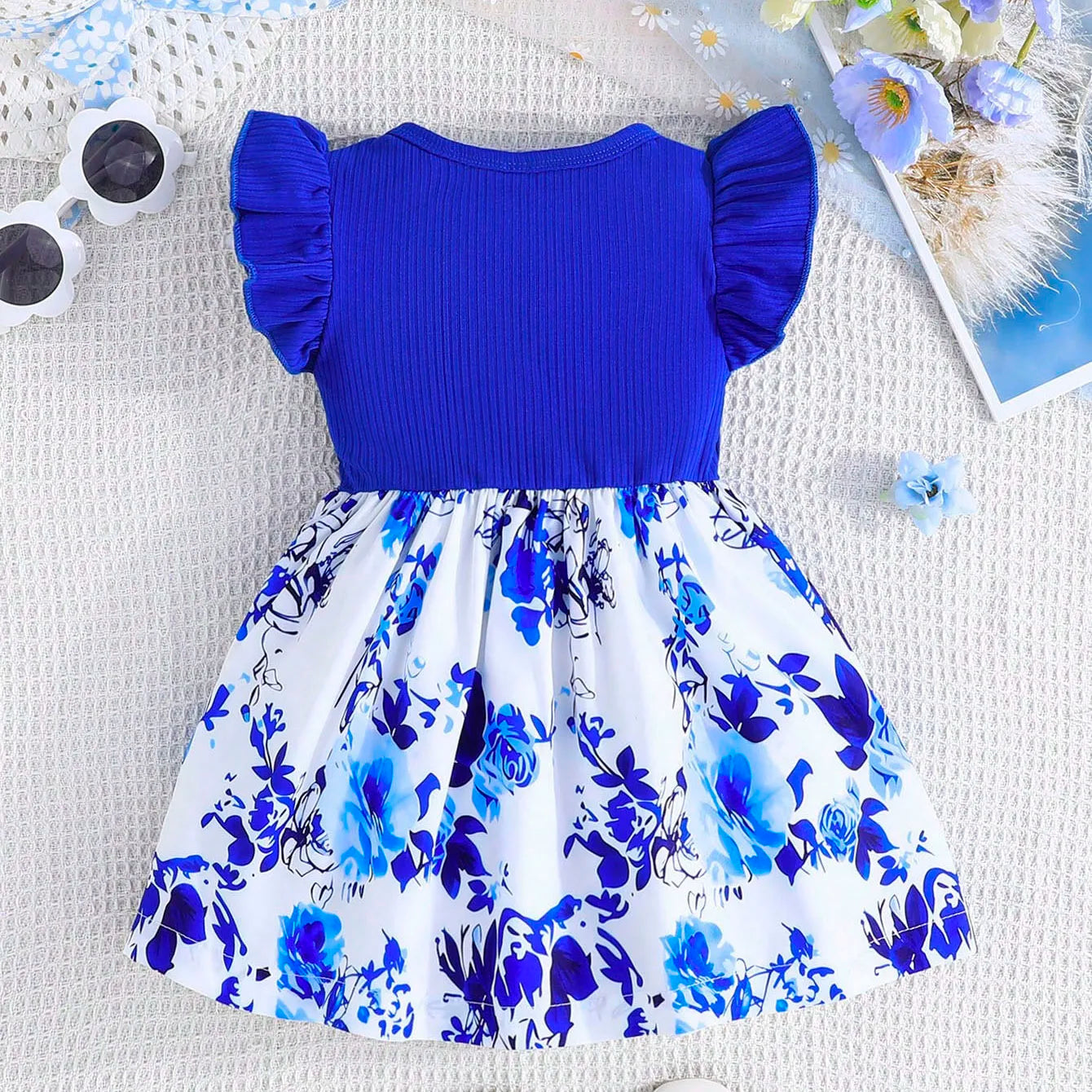 Baby Girl Dress Small Flying Sleeve with royal blue top and white floral skirt perfect for toddler girls