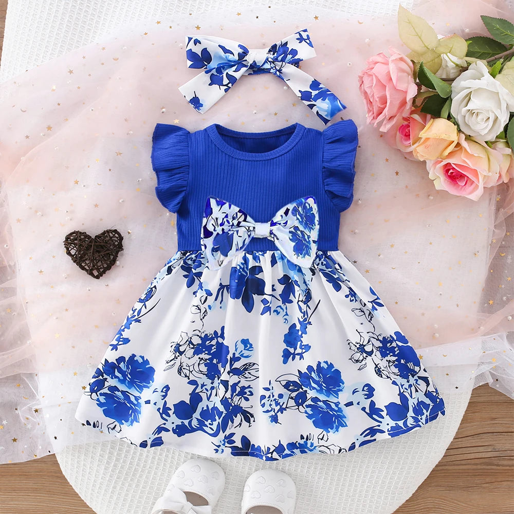 Baby Girl Dress Small Flying Sleeve blue top with floral skirt and matching headband by Yamza Tots' Closet