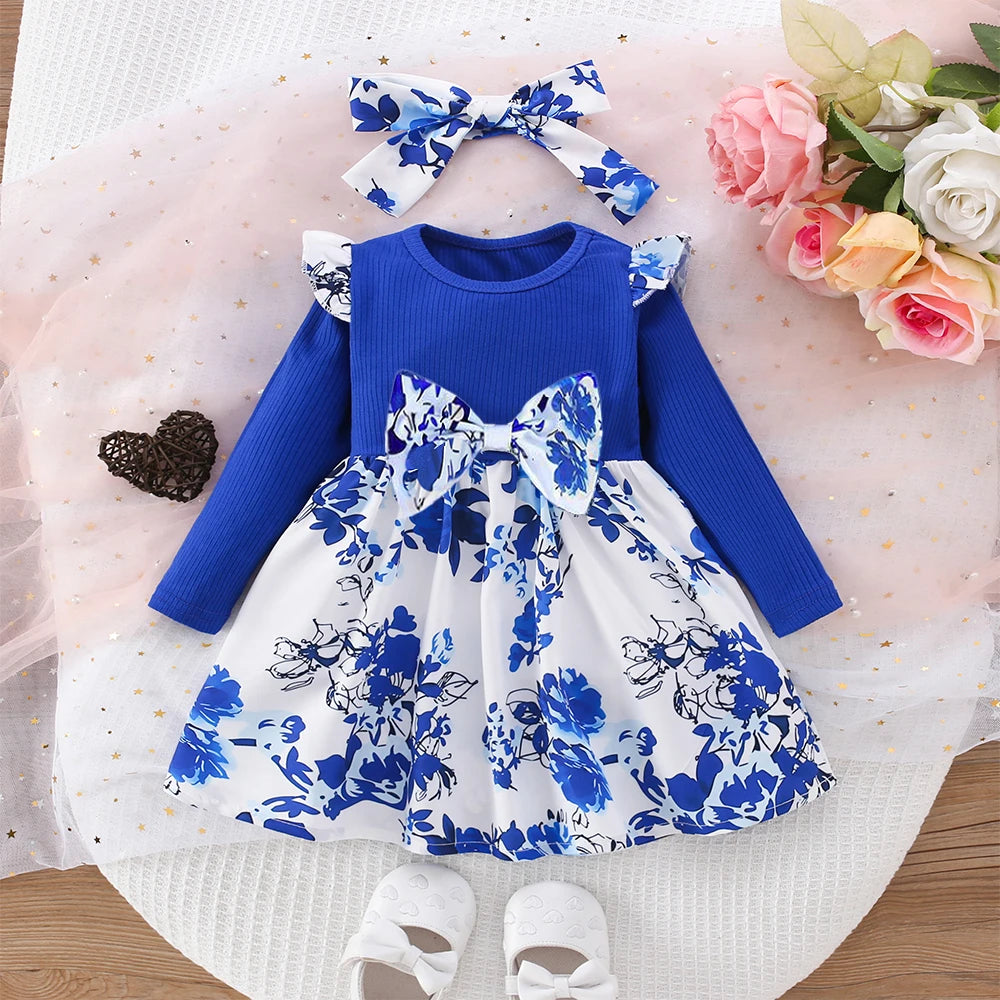 Baby Girl Dress Small Flying Sleeve blue and white floral long sleeve dress with matching headband
