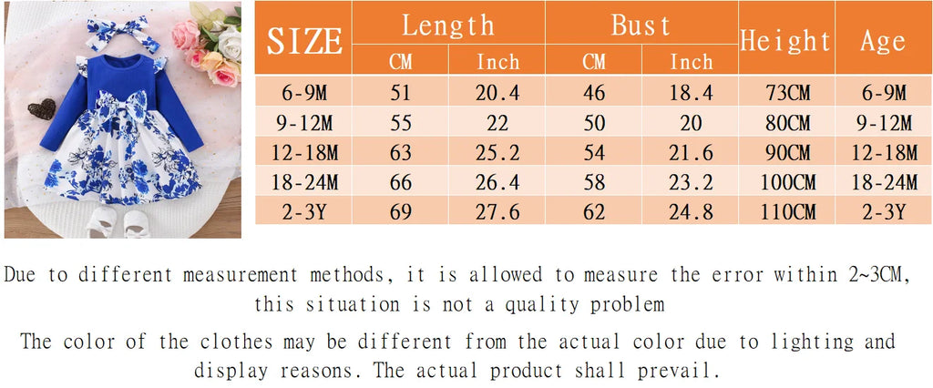 Size chart for Baby Girl Dress Small Flying Sleeve with length, bust, height, and age details