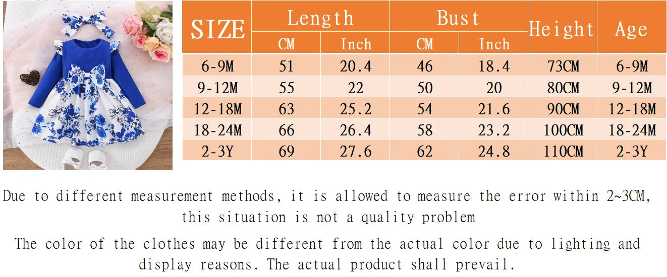 Size chart for Baby Girl Dress Small Flying Sleeve with length, bust, height, and age details