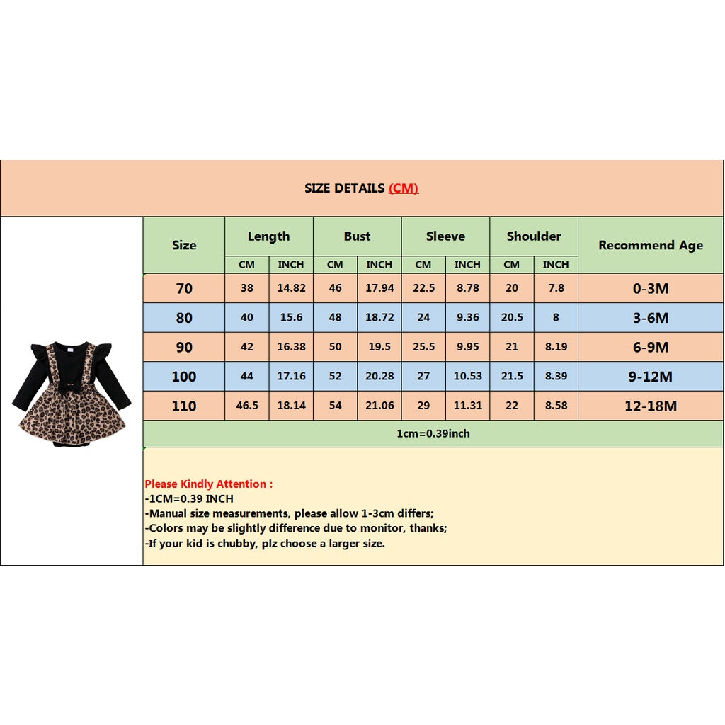 Size chart for baby girl dress with bow showing measurements for length bust sleeve and shoulder by age