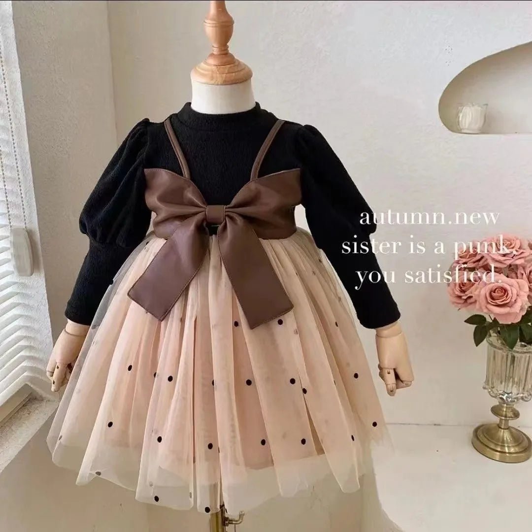 Baby Girl Long Sleeve Dress with Big Bow and Tulle Elegant Fashion Outfit in black and beige with polka dots
