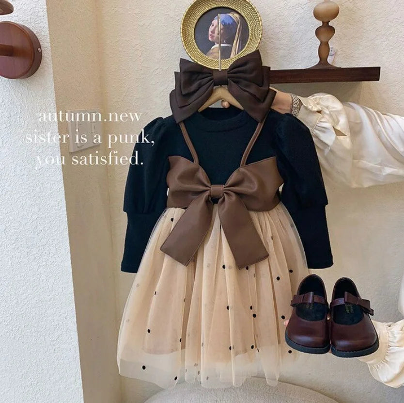 Baby Girl Long Sleeve Dress with Big Bow and Tulle Elegant Fashion Outfit in beige and dark brown