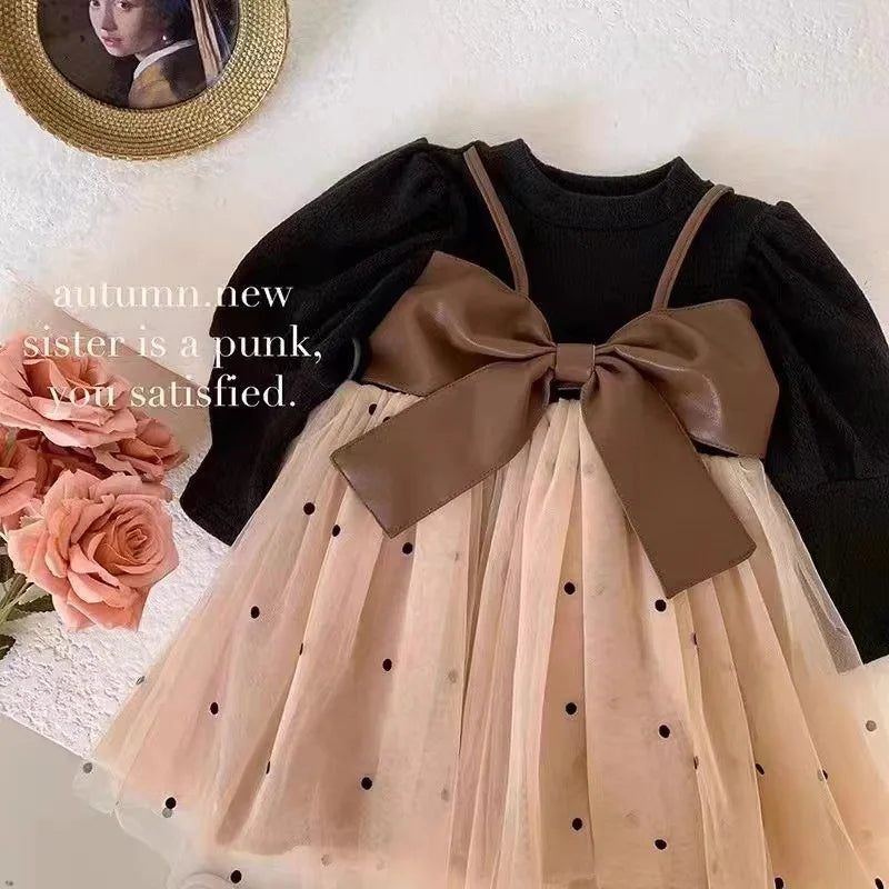 Baby Girl Long Sleeve Dress with Big Bow and Tulle Elegant Fashion Outfit by Yamza Tots' Closet