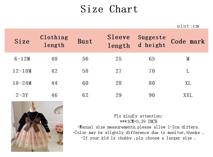 Baby Girl Long Sleeve Dress with Big Bow and Tulle Elegant Fashion Outfit in black and pink displayed on a mannequin with size chart