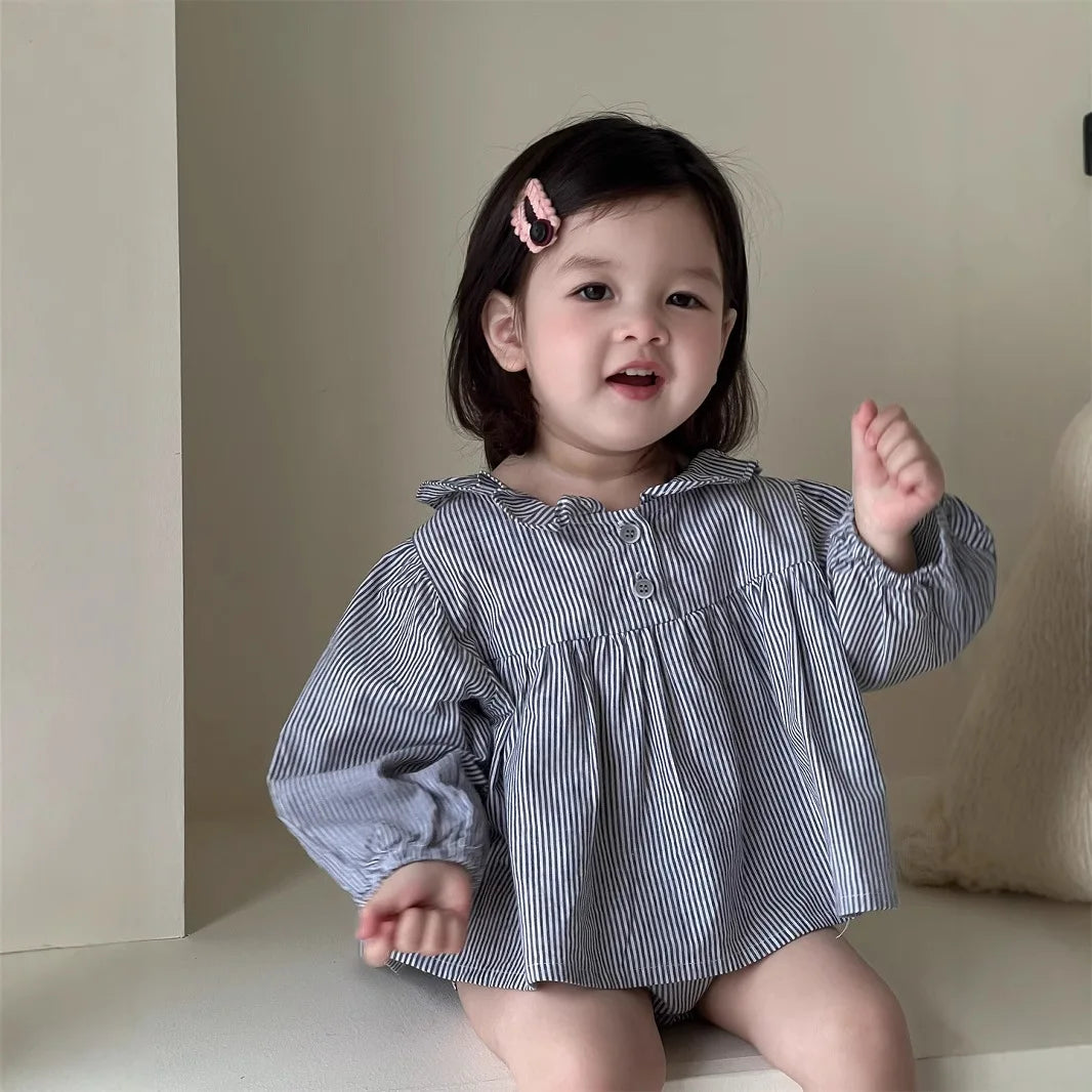 Baby girl wearing Yamza Tots' Closet Baby Girl Loose Striped Set with long sleeves and button front