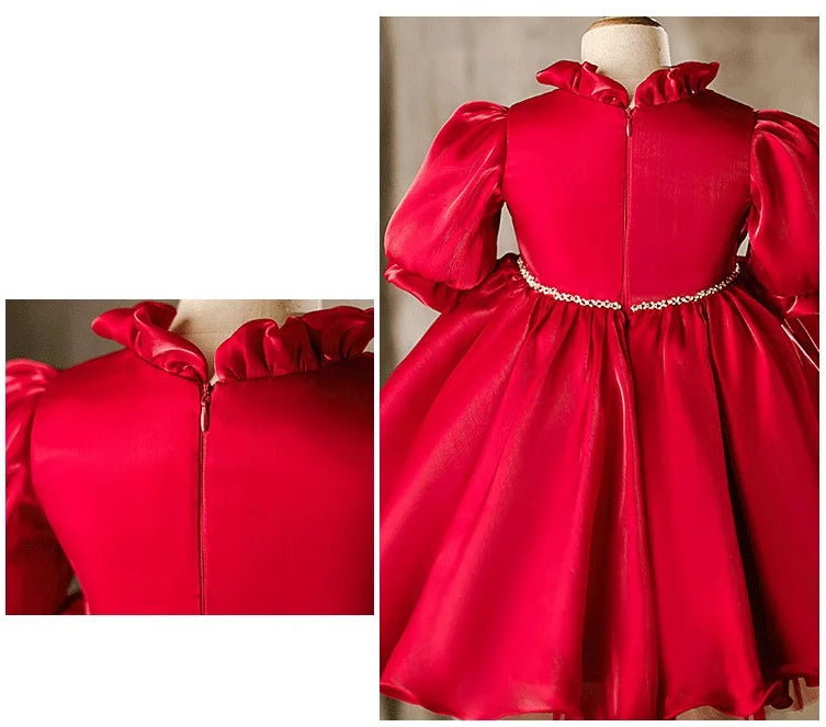 Baby Girl Princess Ruched Dress Half Sleeve Vintage Style Party Birthday Wear in vibrant red with ruffled collar and puffed sleeves
