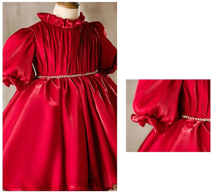Baby Girl Princess Ruched Dress Half Sleeve Vintage Style Party Birthday Wear in rich red satin with ruffled collar and puff sleeves