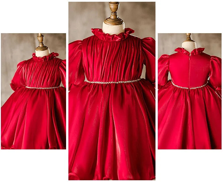 Baby Girl Princess Ruched Dress Half Sleeve Vintage Style Party Birthday Wear in vibrant red with ruffled collar and decorative waist chain