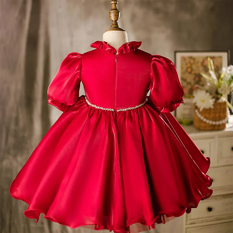 Baby Girl Princess Ruched Dress Half Sleeve Vintage Style Party Birthday Wear in vibrant red with puff sleeves and ruffled collars