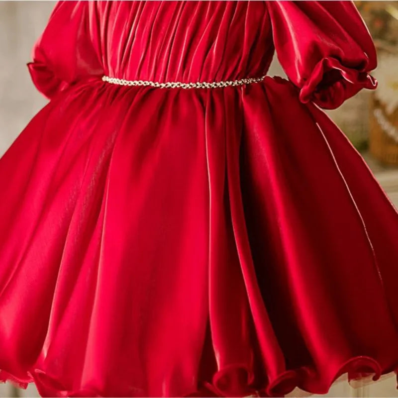 Baby Girl Princess Ruched Dress Half Sleeve Vintage Style Party Birthday Wear in vibrant red with a beaded waist detail