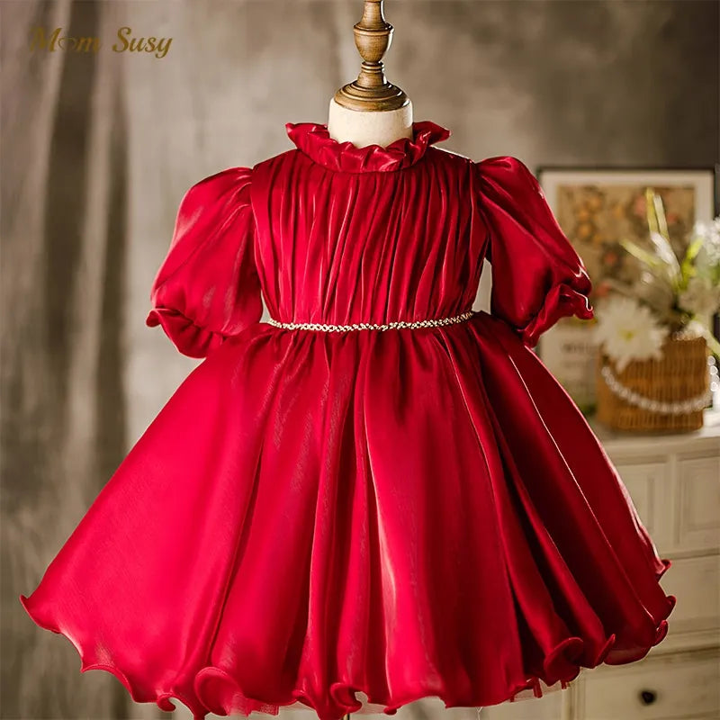Baby Girl Princess Ruched Dress Half Sleeve Vintage Style Party Birthday Wear in vibrant red on a mannequin