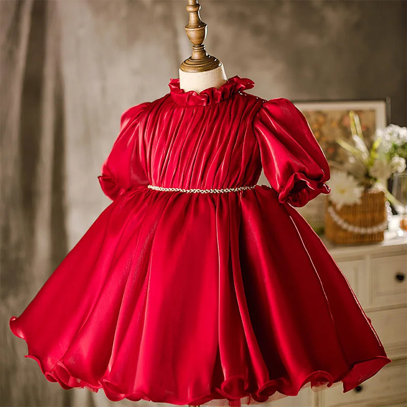 Baby Girl Princess Ruched Dress Half Sleeve Vintage Style Party Birthday Wear in vibrant red on display mannequin