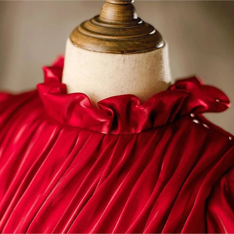 Baby Girl Princess Ruched Dress Half Sleeve Vintage Style Party Birthday Wear in vibrant red fabric with ruffled neckline