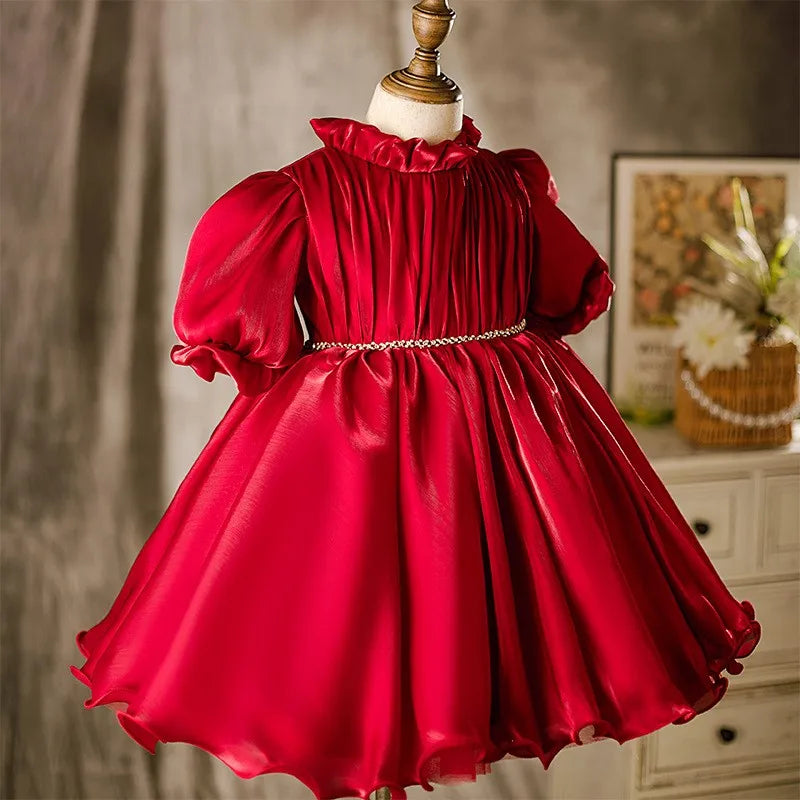 Baby Girl Princess Ruched Dress Half Sleeve Vintage Style Party Birthday Wear in vibrant red with ruffled neckline and puff sleeves