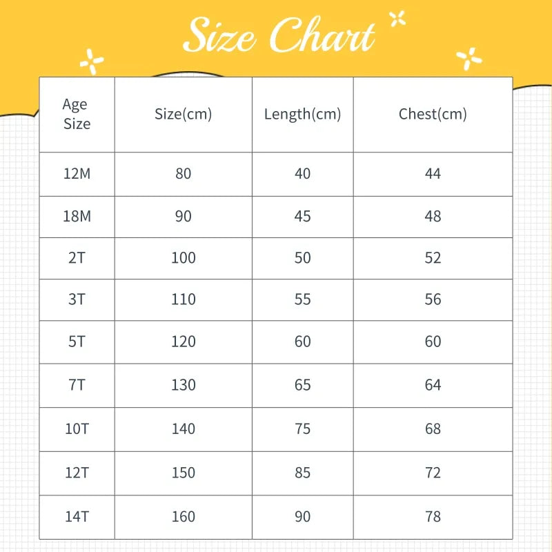 Size chart for Baby Girl Princess Ruched Dress Half Sleeve Vintage Style Party Birthday Wear showing age, size, length, and chest measurements in centimeters