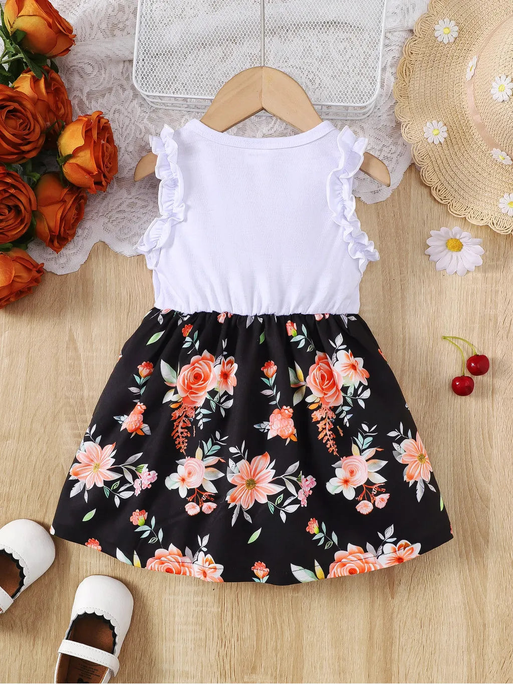 Baby Girl Summer Clothes Floral Print Sleeveless Dresses with white ruffled top and floral skirt
