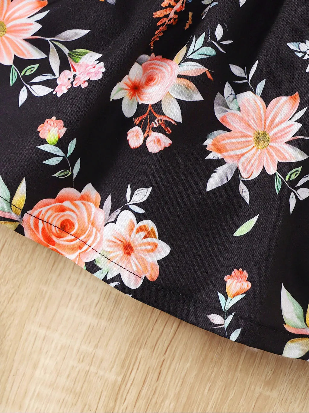 Yamza Tots' Closet baby girl summer clothes floral print sleeveless dresses with pink and orange flowers on black fabric