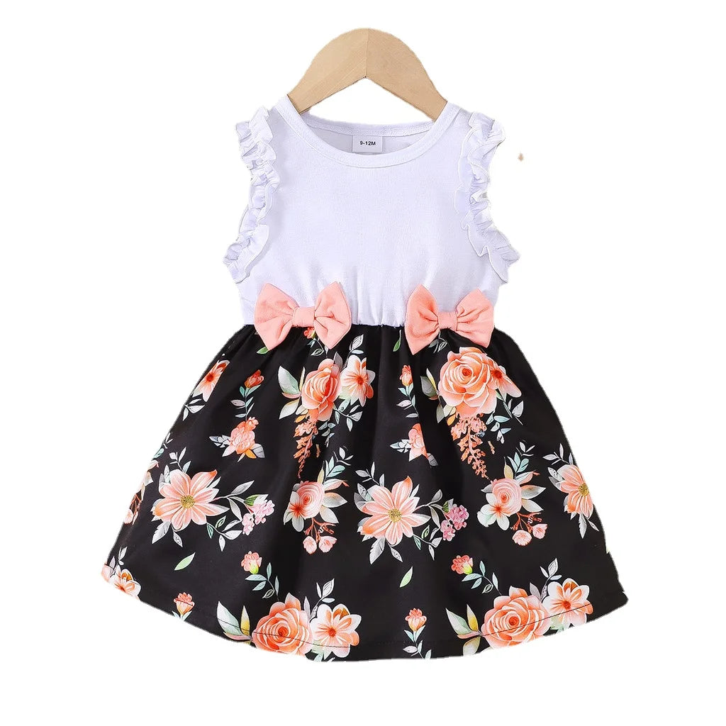 Baby Girl Summer Clothes Floral Print Sleeveless Dresses with white top and black floral skirt by Yamza Tots' Closet