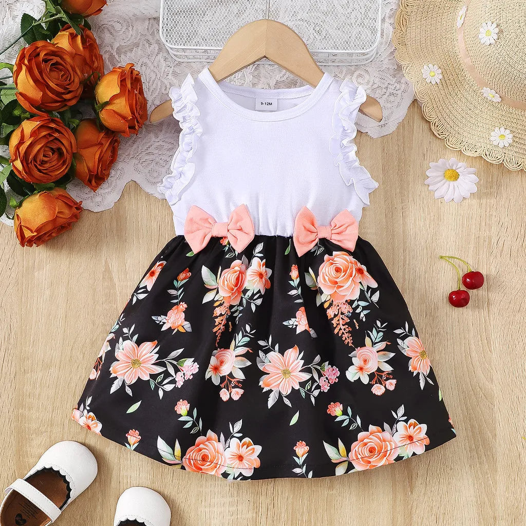 Baby Girl Summer Clothes Floral Print Sleeveless Dresses with white ruffled top and black floral skirt with pink bows