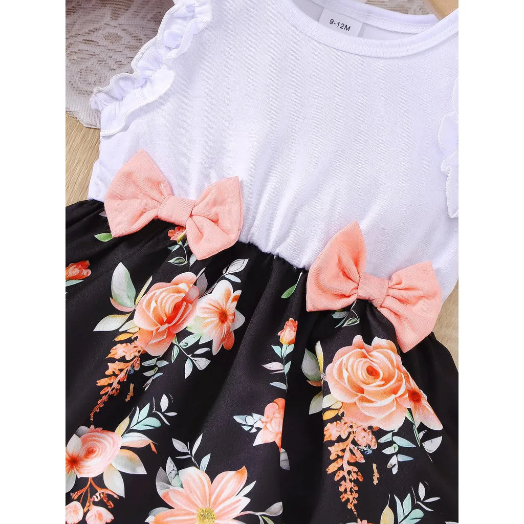 Baby Girl Summer Clothes Floral Print Sleeveless Dresses with white top and black skirt with peach bows