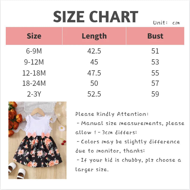 Yamza Tots' Closet size chart for Baby Girl Summer Clothes Floral Print Sleeveless Dresses with measurements in cm