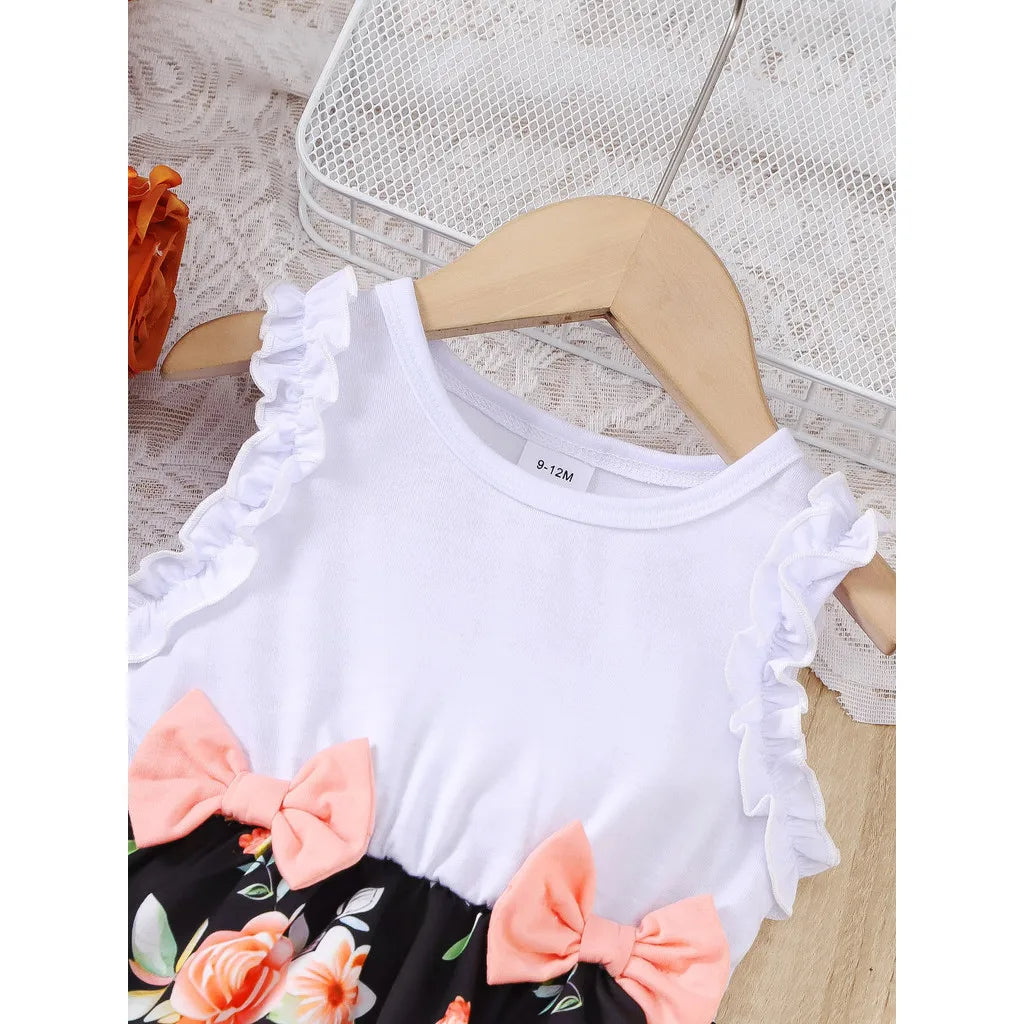 Baby Girl Summer Clothes Floral Print Sleeveless Dresses with ruffle sleeves and pink bows on black skirt