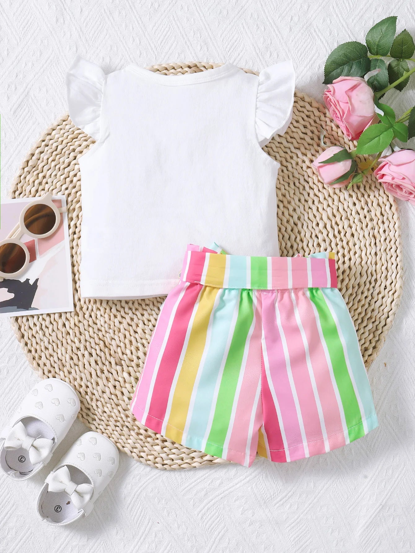 Baby Girl Summer Outfit Rainbow Tee & Belted Shorts 2-Piece Set with white ruffle sleeve top and colorful striped shorts