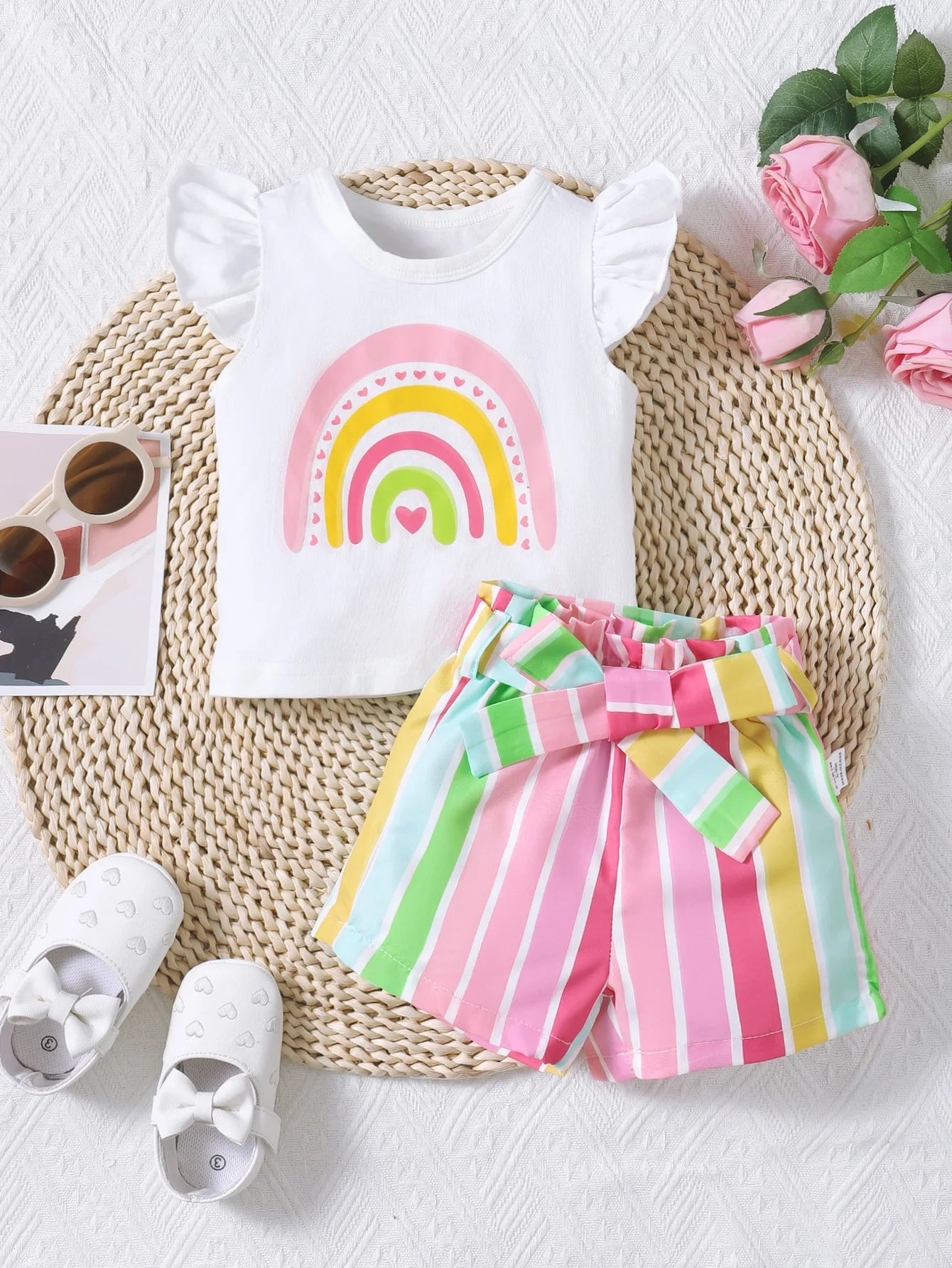 Baby Girl Summer Outfit Rainbow Tee & Belted Shorts 2-Piece Set with colorful striped shorts and white ruffle sleeve tee