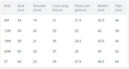 Size chart for Baby Girl Summer Outfit Rainbow Tee and Belted Shorts 2-Piece Set showing measurements in centimeters for ages 9 months to 3 years