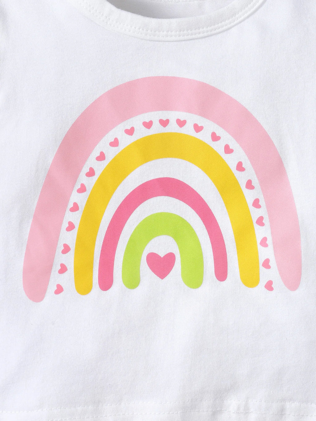 Baby Girl Summer Outfit Rainbow Tee featuring pink yellow and green rainbow with hearts design