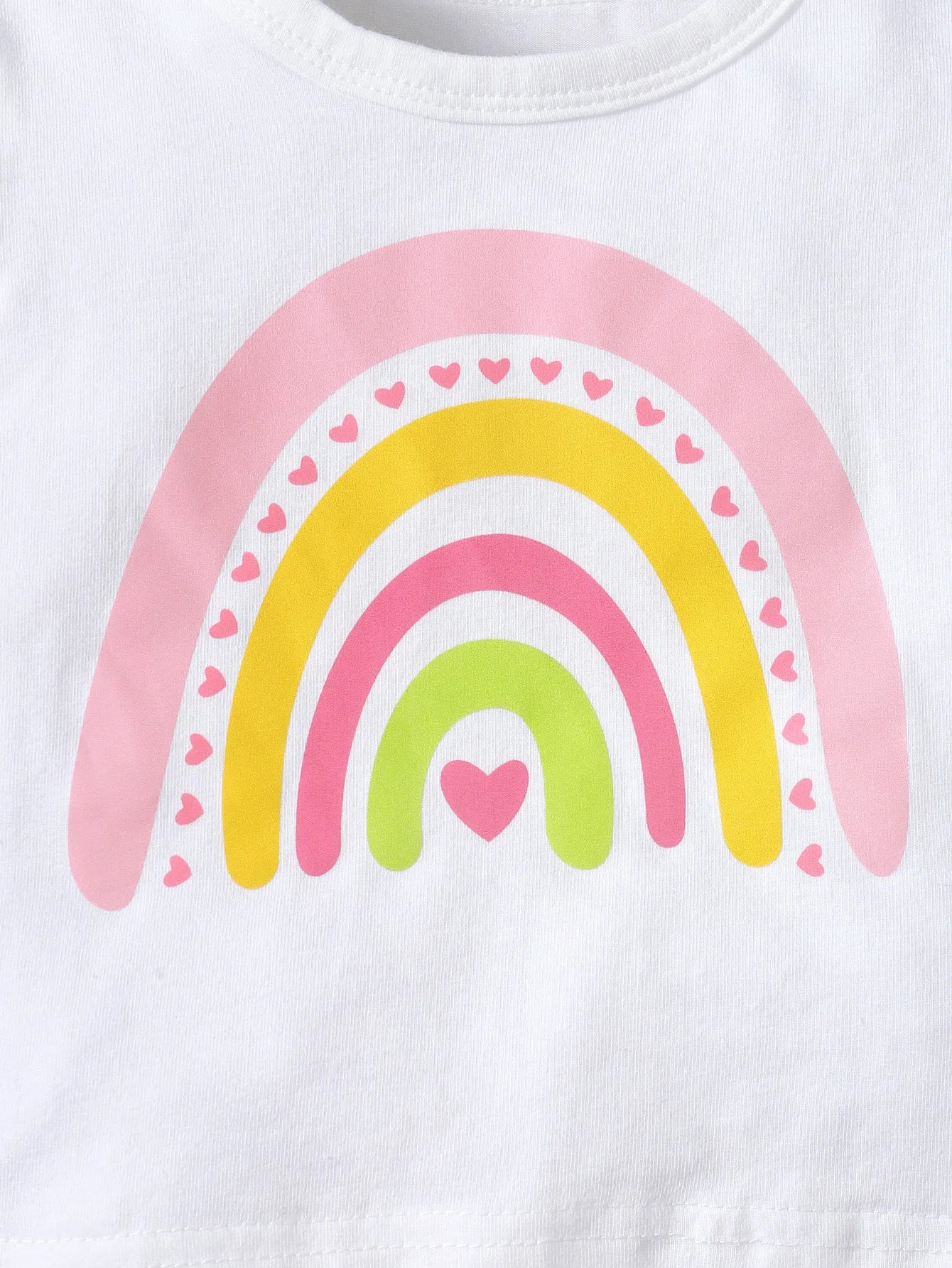 Baby Girl Summer Outfit Rainbow Tee featuring pink yellow and green rainbow with hearts design