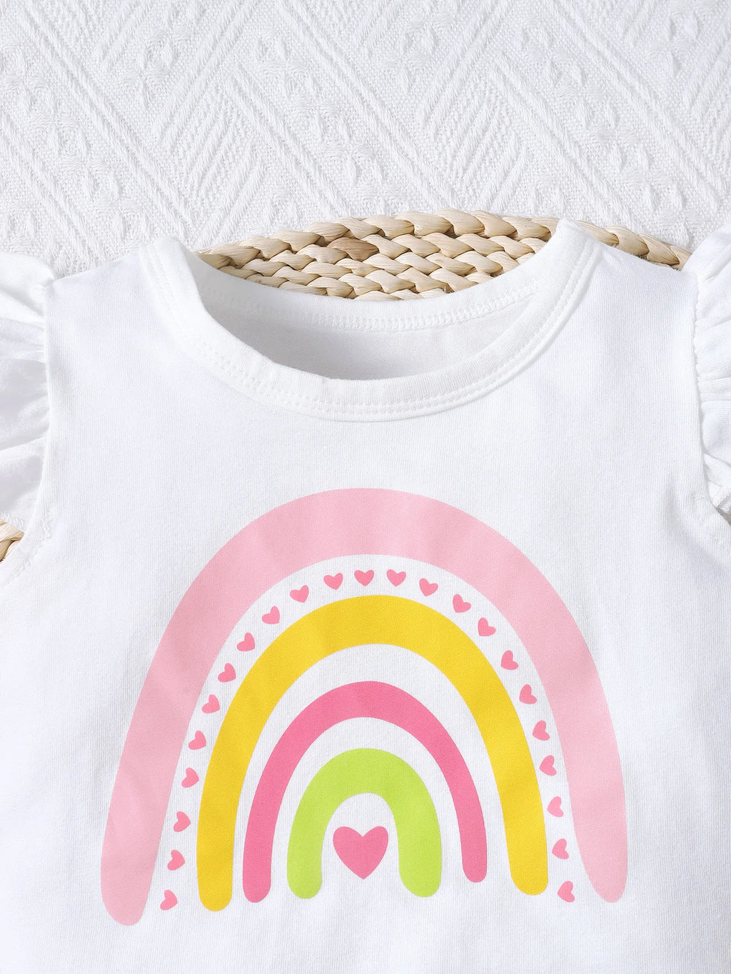 Baby Girl Summer Outfit Rainbow Tee & Belted Shorts 2-Piece Set white tee with colorful rainbow design