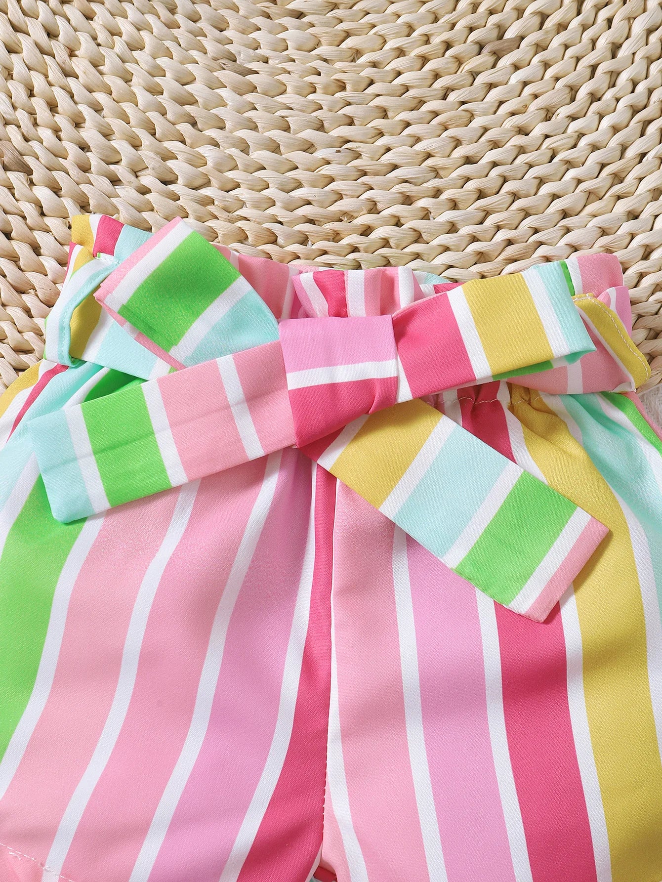 Close-up of colorful striped belted shorts from Baby Girl Summer Outfit Rainbow Tee & Belted Shorts 2-Piece Set