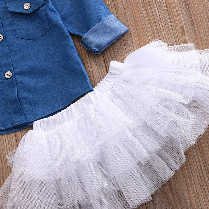 Baby Girls 3 Piece Outfit Set Denim Shirt Tutu Skirt and Headband Clothing displayed on wooden surface