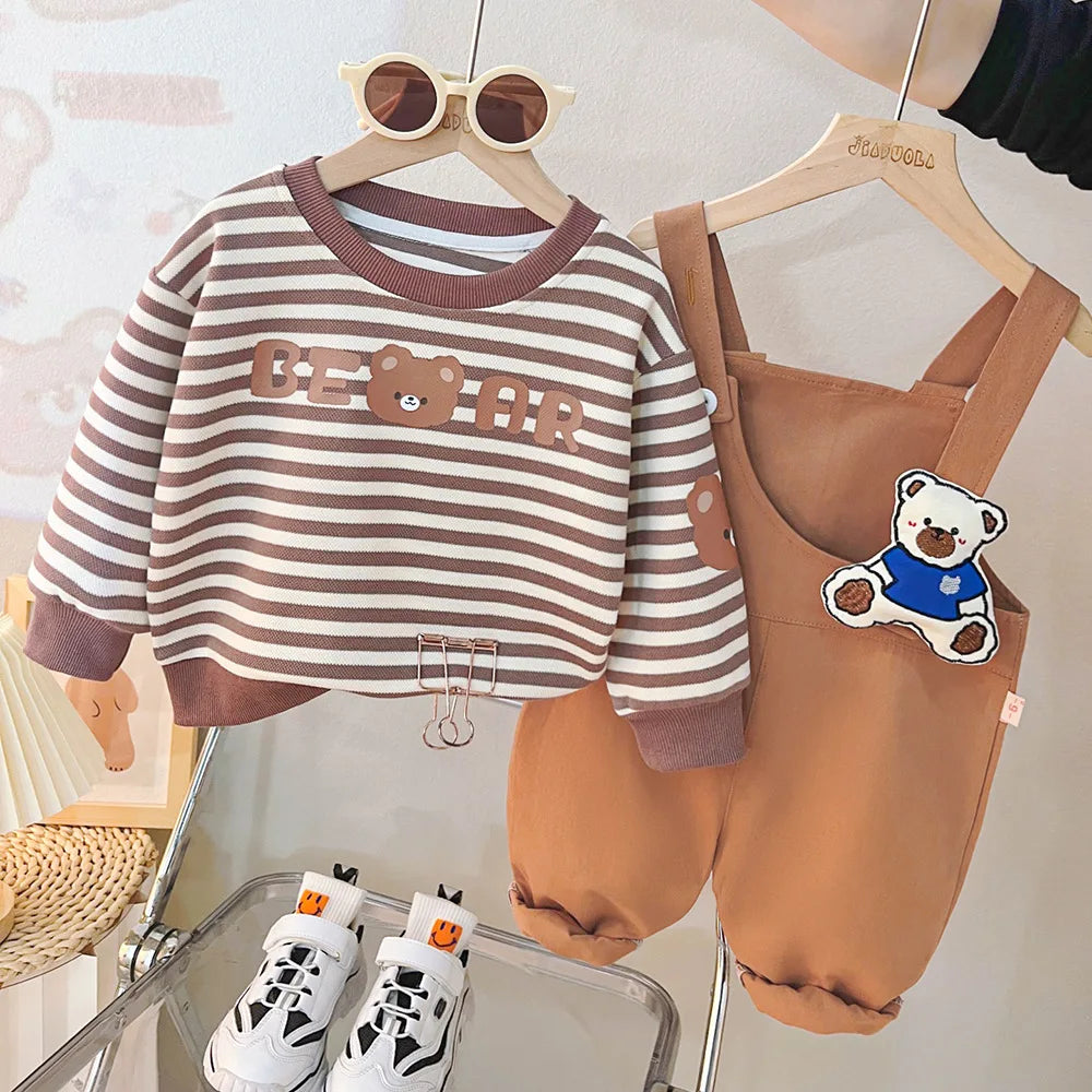 Yamza Tots' Closet baby girls and boys clothing striped bear sweatshirt with brown overalls and white sneakers