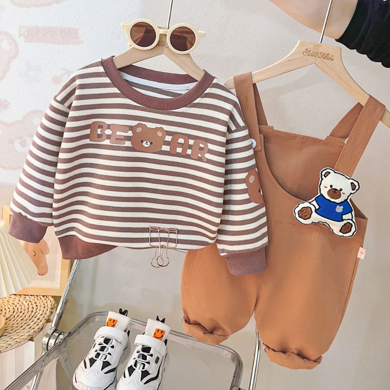 Striped brown and white sweater with bear design and brown overalls with bear patch baby girls and boys clothing set