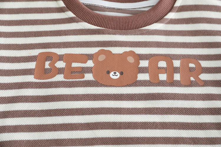 Striped brown and white baby shirt with bear face design for baby girls and boys clothing
