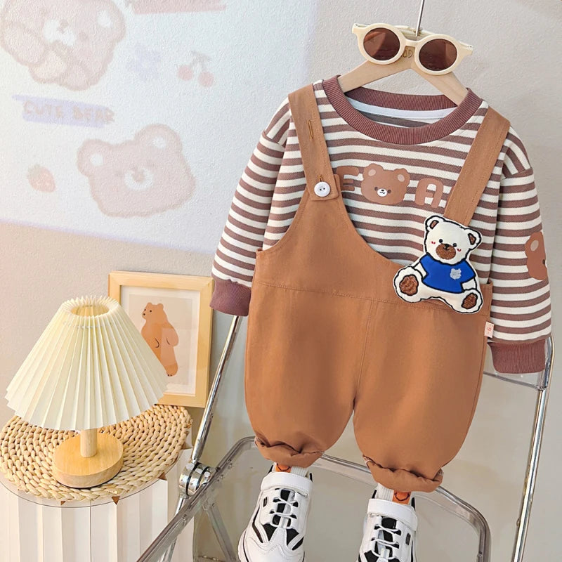 Baby girls and boys clothing set with striped long sleeve shirt and brown overalls with bear patch
