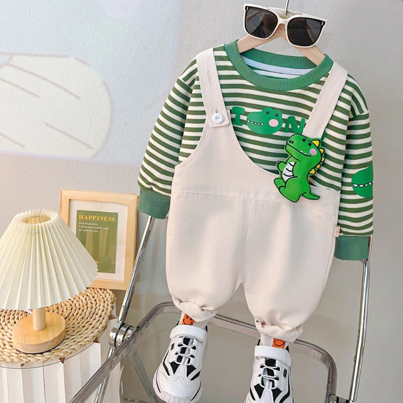 Yamza Tots Closet baby girls and boys clothing striped long sleeve shirt with dinosaur print and cream overalls